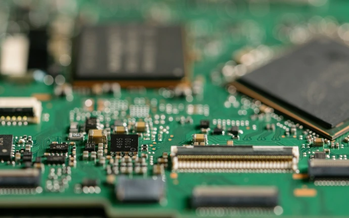 Close-up of a green circuit board with microchips.